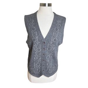 3/$25 VTG Rafaella Sweater Vest Size Medium Gray Merino Wool Floral Embroidery